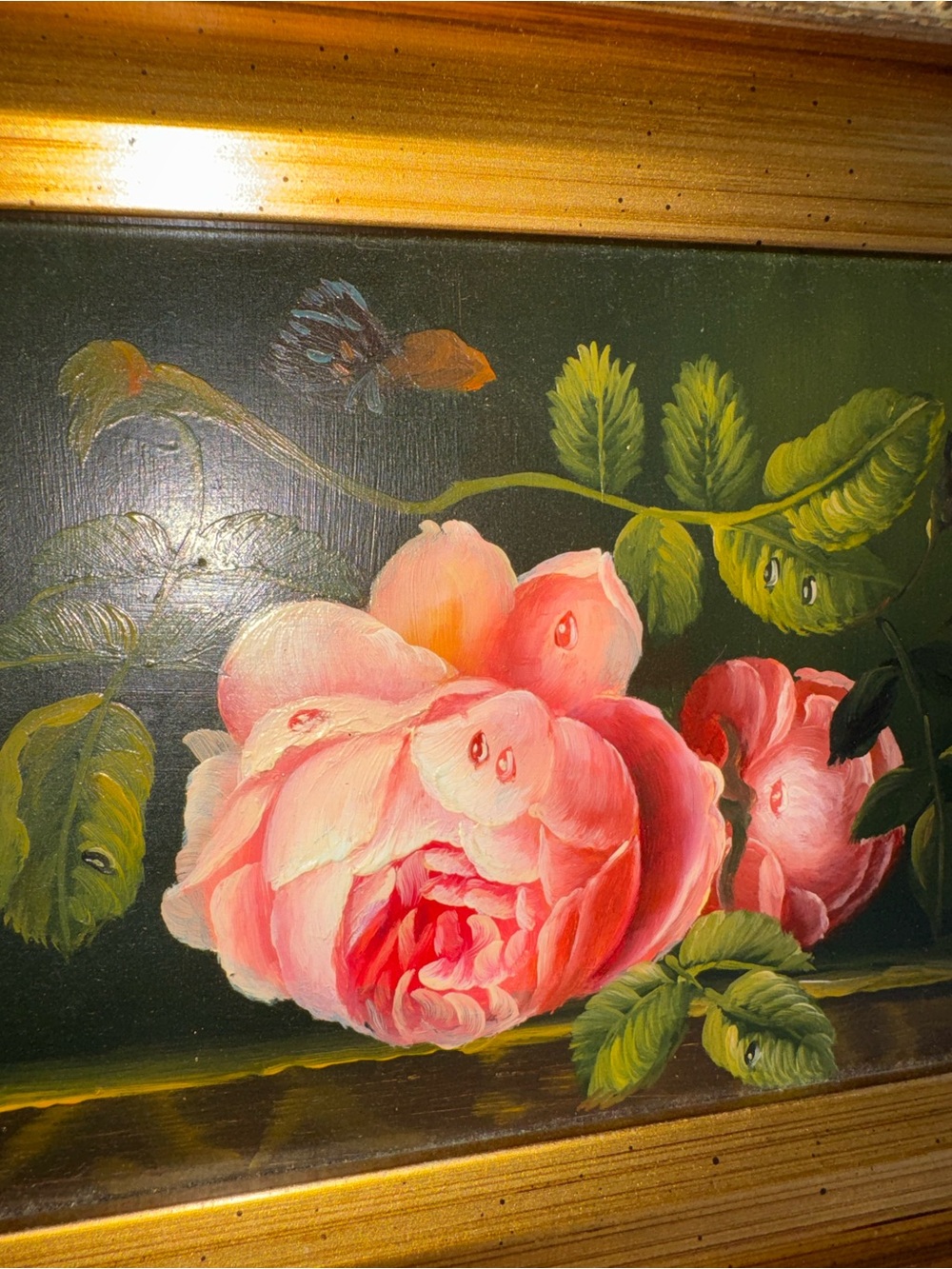 Antique Framed Floral Oil Painting with Pink Roses - Picture 8 of 9